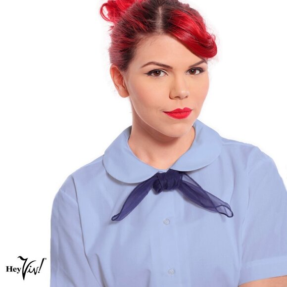 Blue Peter Pan Collar Short Sleeve Blouse Button Up Poly Cotton Adult Size Large - Picture 1 of 5